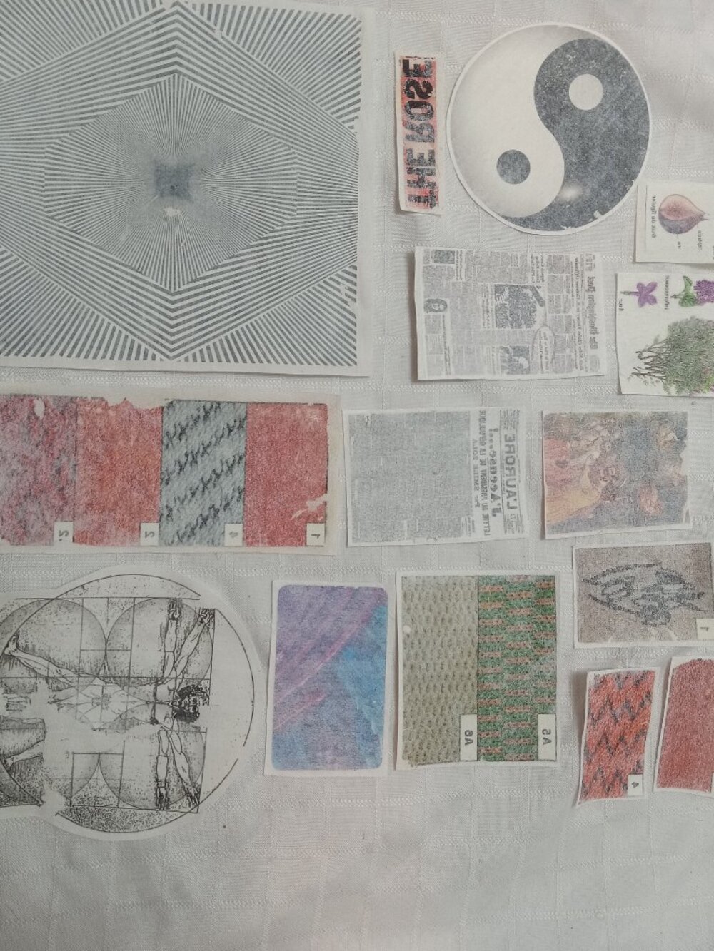 A large selection of handprinted cotton patch to sew with vintage illustrations